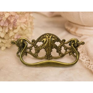 May include: A brass-toned metal drawer pull featuring an ornate, openwork backplate with detailed leaf and grape cluster motifs. The hardware includes a curved, swinging bail handle attached to two circular mounts, showcasing a weathered finish.