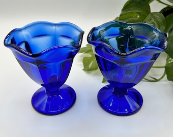 Cobalt Blue Parfait Sundae Glasses Tulip Footed Ice Cream, Fruit, Pudding Cups Vintage
