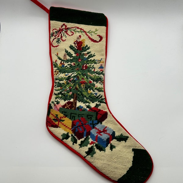 Needlepoint Christmas Stocking, Holiday Tree Ribbons  Packages Gifts Petit Point, Vintage