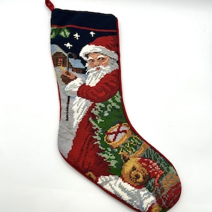 Needlepoint Christmas Stocking Santa Teddy Bear Drum Stars Vintage Holiday Decor