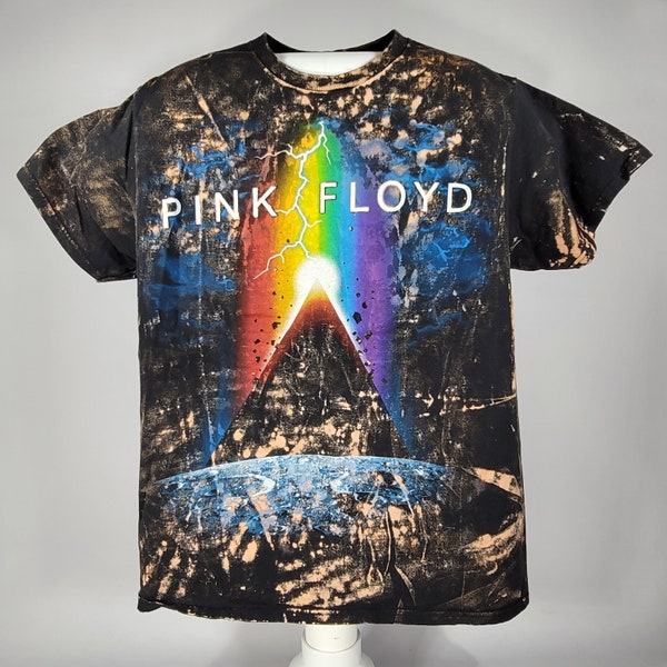 PINK FLOYD Tee Shirt Bleached Vintage Inspired English Band T-Shirt, Black Casual Graphic Crew Neck, Short Sleeve, Medium