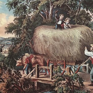 Currier & Ives Lithograph: Haying Time Double Sided Print, 1952 Vintage Decor