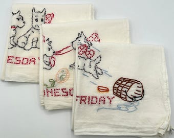 Hand Embroidered Scottie Dog Flour Sack Towels: Day of the Week, Set of 3 (NOS)