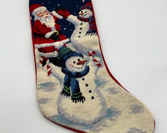 Needlepoint Christmas Stocking Vintage Santa and Snowman, Vintage Holiday Decor