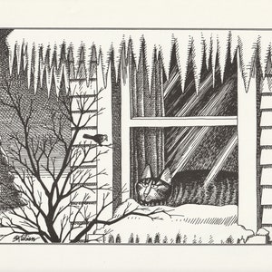 Kliban Cat Art Print, It's Cold Outside Winter Scene, Vintage Lithograph, Cartoon Kitty, Kitten, Feline, Bird, Black and White