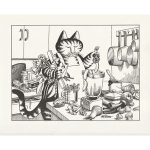 Kliban Cat Art Print, Chef in Kitchen, Vintage Lithograph, Cartoon Kitty, Kitten, Feline, Black and White