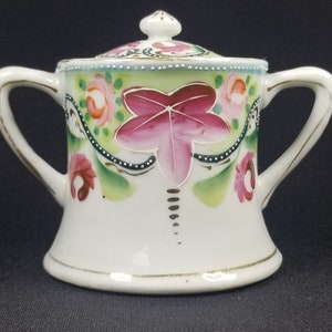 Porcelain Sugar Bowl With Lid and Dual Handles Hand-Painted Floral Design 4&quot; Tall Vintage