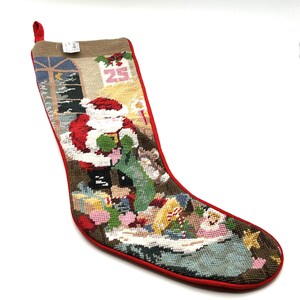 Needlepoint Christmas Stocking with Santa Claus, Toys, Candy Canes Vintage Holiday Decor NOS