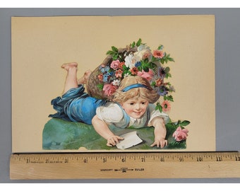 Antique German Embossed Victorian Little Girl with Flowers Die Cut Trading Card
