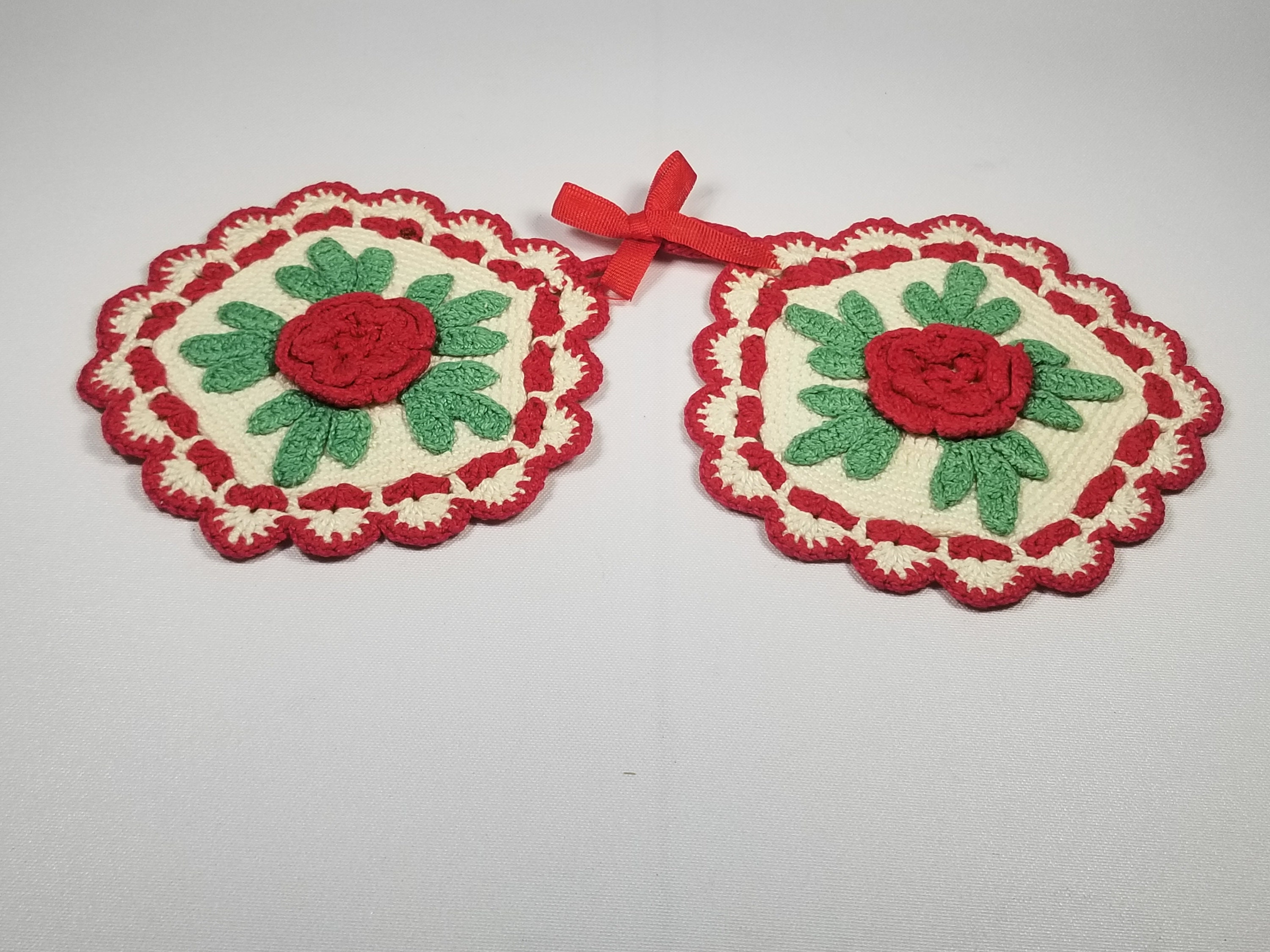 2 Red Rose Flower Handmade Crochet Doilies Etsy