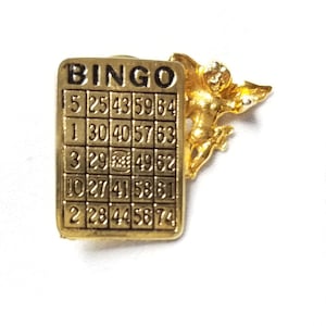 Vintage Gold Tone Bingo Guardian Angel Lapel Pin Stamped SBE INC Lucky Charm