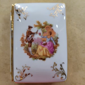 Limoges France Porcelain Trinket Box Courting Couple & Gold Accents Hand Painted