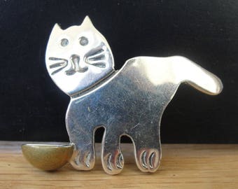 Sterling Silver Cat With Brass Bowl Pin Brooch 925 Vintage