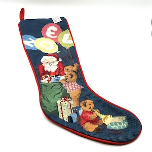 Needlepoint Christmas Stocking with Santa Claus, Noel Vintage Holiday Decor NOS