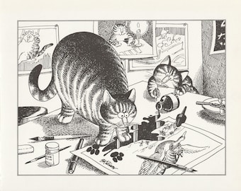 Kliban Cat Art Print Cats Spill The Ink Vintage Lithograph Cartoon Kitty Kitten Feline Black and White