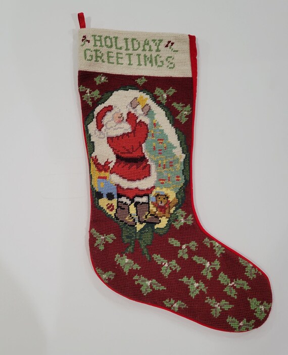 Needlepoint Christmas Stocking Santa Trimming the Tree Holly Etsy