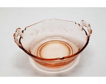 Pink Depression Glass Bowl With Etched Floral Design Dual Handles Vintage 6 Inches Wide