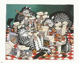 Kliban Cat Vintage 2 sided Lunch Time, Cats at Beach Lithograph From "Catdreams"