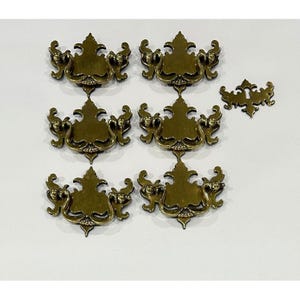 Antique Brass Drawer Swing Pull Handles Set Of 6 and 1 Keyhole Cover Vintage