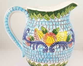 Handcrafted Mosaic Pitcher With Fruit Design and Leaf Accents Made In Italy