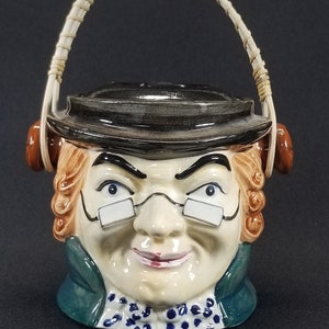 Vintage 1950s Benjamin Franklin Ceramic Cookie Jar With Lid and Wicker Handle