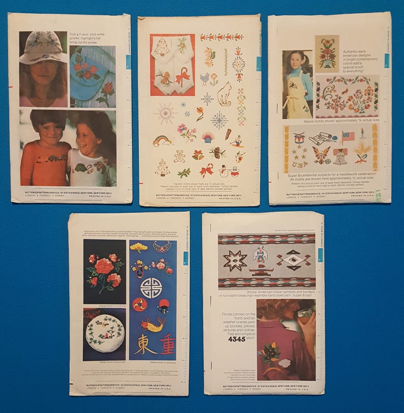 Butterick Embroidery Design Patterns Iron On Transfer Patterns Embroidery Transfers Lot Of 5 Vintage Uncut Patterns - 