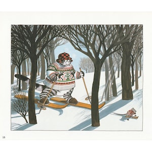 May include: Illustration of a cat skiing in a snowy forest. The cat wears a patterned sweater, hat, and glasses, holding ski poles. A small mouse skis nearby. The scene is set among bare trees under a blue sky.