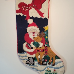 Needlepoint Christmas Stocking Personalized BRIAN Santa Claus Reindeer Bow Vintage