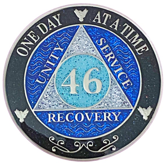 AA 46 Year Silver Color Plated Glitter Coin, Blue, Silver, Black Rainbow Glitter Alcoholics Anonymous Medallion