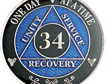 34 Year AA Coin Silver Color Plated-Medallion, Recovery Chip, 12 Step Token, Alcoholics anonymous coin