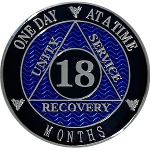 AA 18 Months Recovery Coin, Silver, Blue Plated Medallion, Alcoholics Anonymous 18 month Recovery Chips