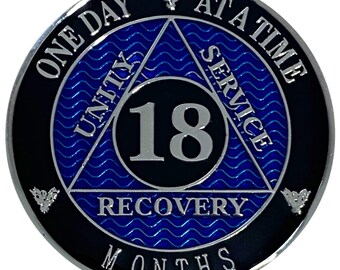 8 Month AA Sobriety Medallion – Marble Teal Blue Pink Glitter With Gold Plating, Serenity Prayer