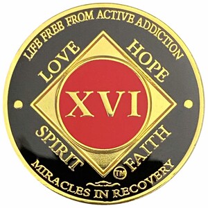 Simply Minimal 16 Year NA Gold Color Plated-Medallion, Recovery Chip, Narcotics Anonymous Coin (Red & Black)