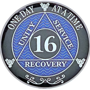 AA 16 Years Silver, blue Medallion, AA Recovery Chips, Alcoholics anonymous coins