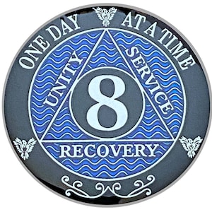 8 Year AA Coin Silver Color Plated-Medallion, Recovery Chip, 12 Step Token, Alcoholics anonymous coin