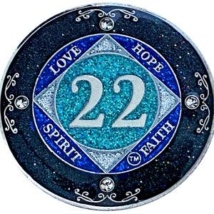 NA 22 Year Glitter & Crystals Medallion, Silver Color Plated Coin, Black Rainbow, Blue Glitter and Four Clear Crystals, Epoxy Covered