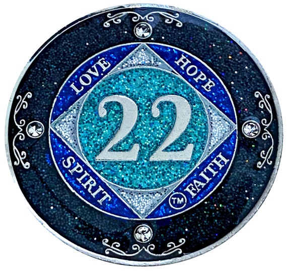 NA 22 Year Glitter & Crystals Medallion, Silver Color Plated Coin, Black Rainbow, Blue Glitter and Four Clear Crystals, Epoxy Covered