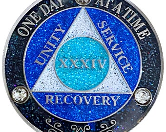 AA 34 Year Crystals & Glitter Medallion, Silver Color Plated, Black Rainbow, Blue Glitter and Three Clear Crystals, Epoxy Covered