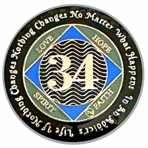 NA 34 Year Medallion, Silver, Blue Color Plated, Epoxy Covered Narcotics Anonymous Coin, NA Recovery Chip