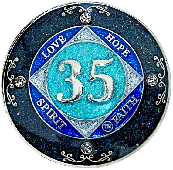 NA 35 Year Glitter & Crystals Medallion, Silver Color Plated Coin, Black Rainbow, Blue Glitter and Four Clear Crystals, Epoxy Covered