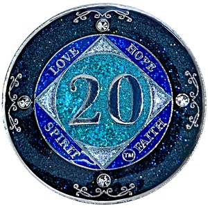 NA 20 Year Glitter & Crystals Medallion, Silver Color Plated Coin, Black Rainbow, Blue Glitter and Four Clear Crystals, Epoxy Covered