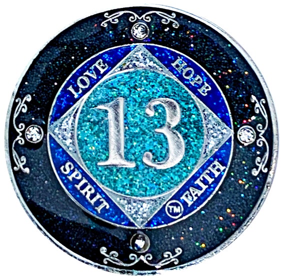 NA 13 Year Glitter & Crystals Medallion, Silver Color Plated Coin, Black Rainbow, Blue Glitter and Four Clear Crystals, Epoxy Covered