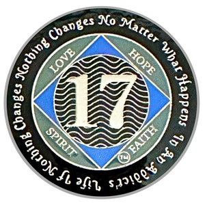 NA 17 Year Medallion, Silver, Blue Color Plated, Epoxy Covered Narcotics Anonymous Coin, NA Recovery Chip