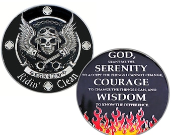 NA &quot;Just For Today-Riding Clean&quot; Recovery Biker Coin, Narcotics Anonymous Biker Medallion