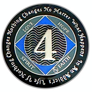 NA 4 Year Medallion, Silver, Blue Color Plated, Epoxy Covered Narcotics Anonymous Coin, NA Recovery Chip