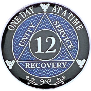 AA 12 Years Silver, blue Medallion, AA Recovery Chips, Alcoholics anonymous coins
