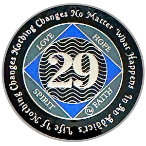 NA 29 Year Medallion, Silver, Blue Color Plated, Epoxy Covered Narcotics Anonymous Coin, NA Recovery Chip