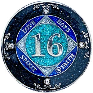 NA 16 Year Glitter & Crystals Medallion, Silver Color Plated Coin, Black Rainbow, Blue Glitter and Four Clear Crystals, Epoxy Covered