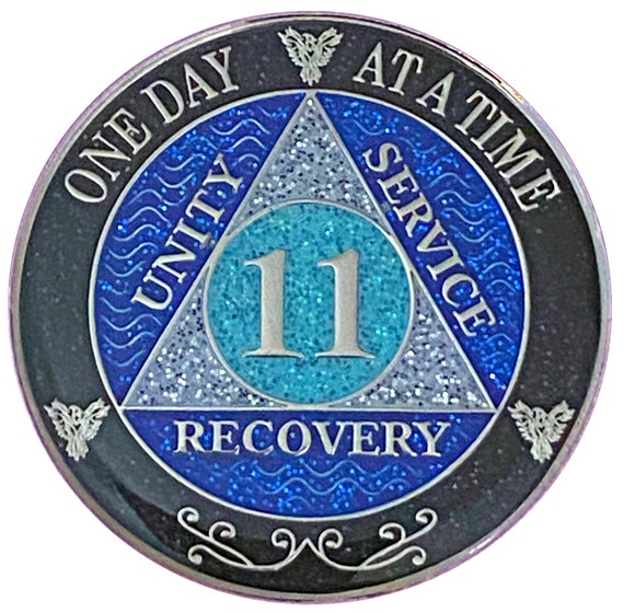 AA 11 Year Silver Color Plated Glitter Coin, Blue, Silver, Black Rainbow Glitter Alcoholics Anonymous Medallion