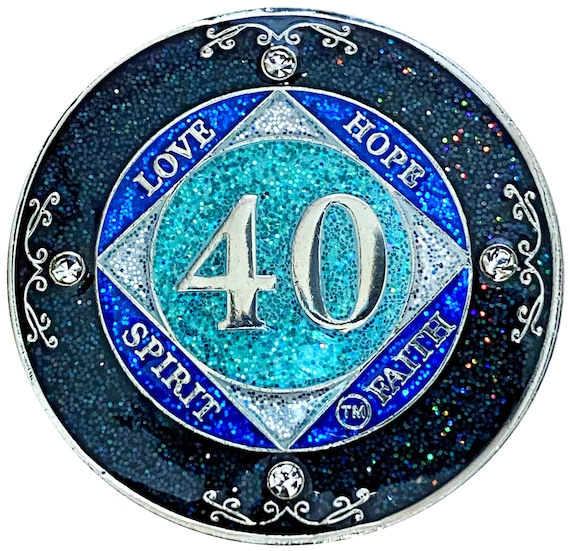 NA 40 Year Glitter & Crystals Medallion, Silver Color Plated Coin, Black Rainbow, Blue Glitter and Four Clear Crystals, Epoxy Covered
